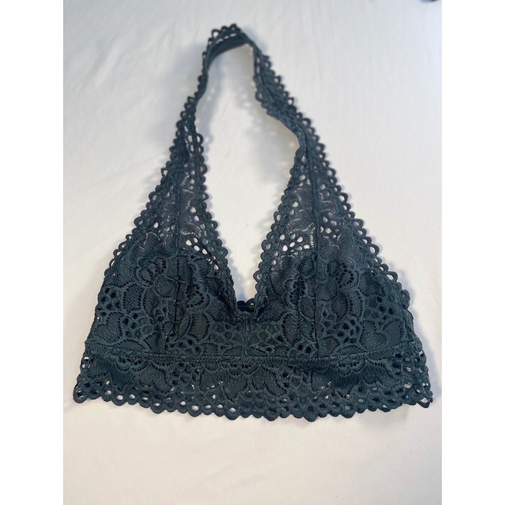 Aerie Dark Green Lace Halter Bralette Scalloped V-Neck Wireless Bra Small